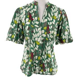 lapis womens top S green floral  balloon sleeve button down tropical fairycore